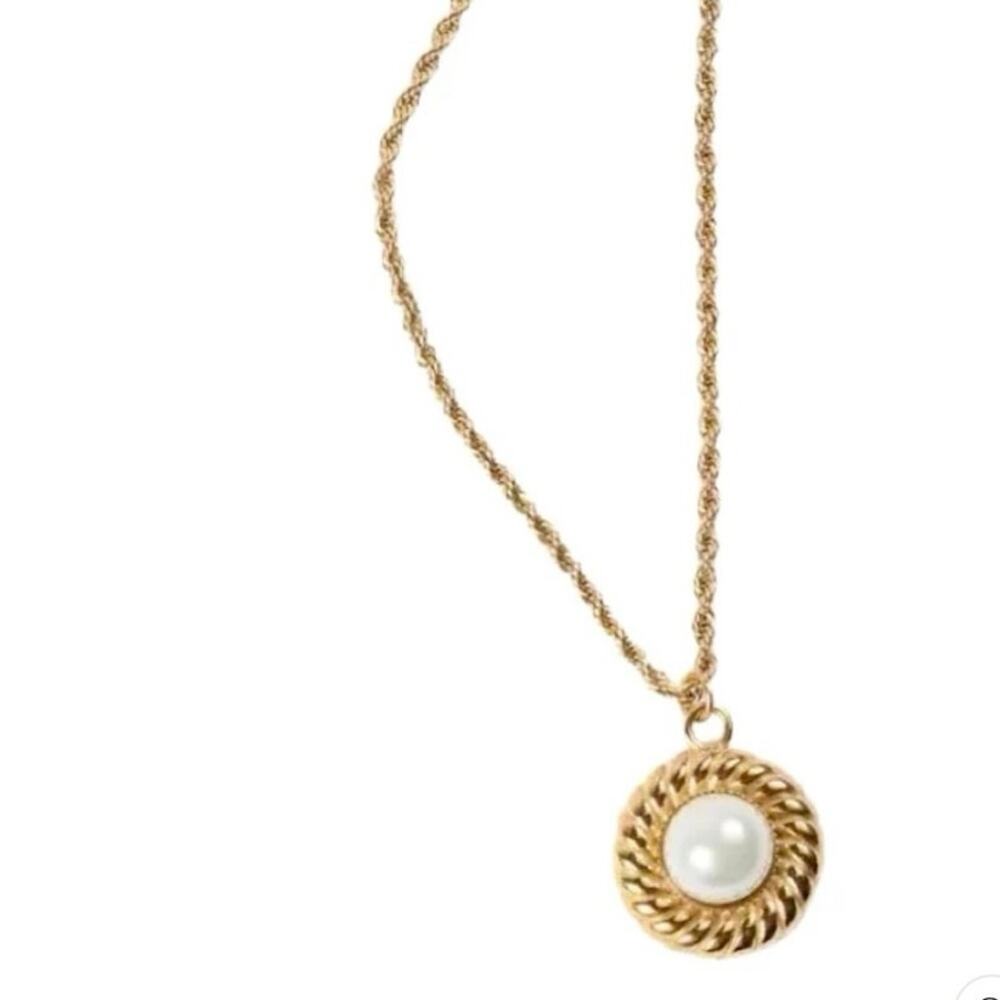 Alco Gold Plated Titanium‎ French Rope Twist Acrylic White Pearl Charm Necklace